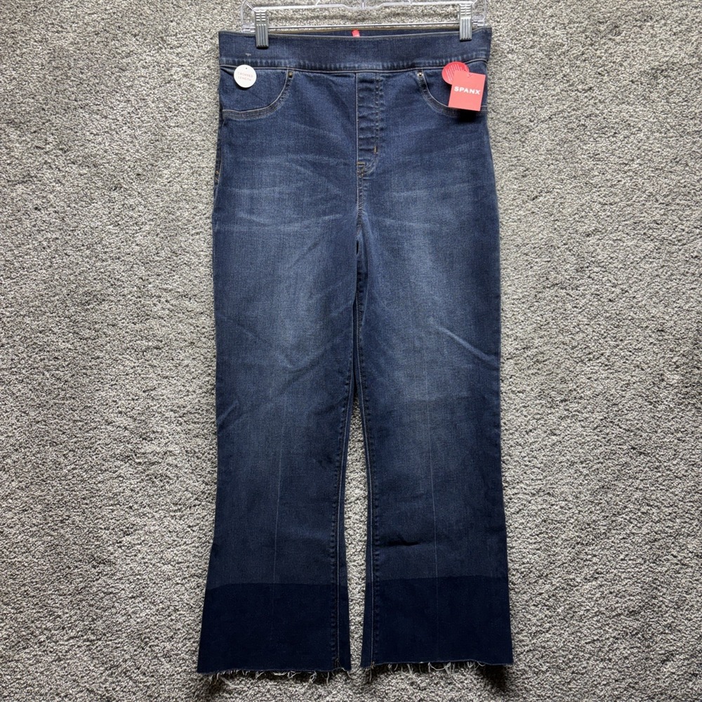 Spanx Jeans Womens Size LARGE Blue Cropped Flare Leg Denim Stretch Raw Hem NWT
